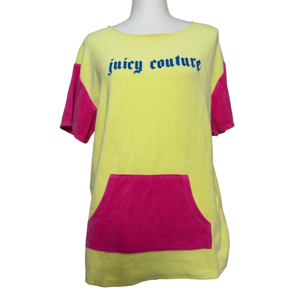 Juicy Couture Terrycloth Beach Top Yellow Pink Pocket Shirt Colorblock Y2K Funky